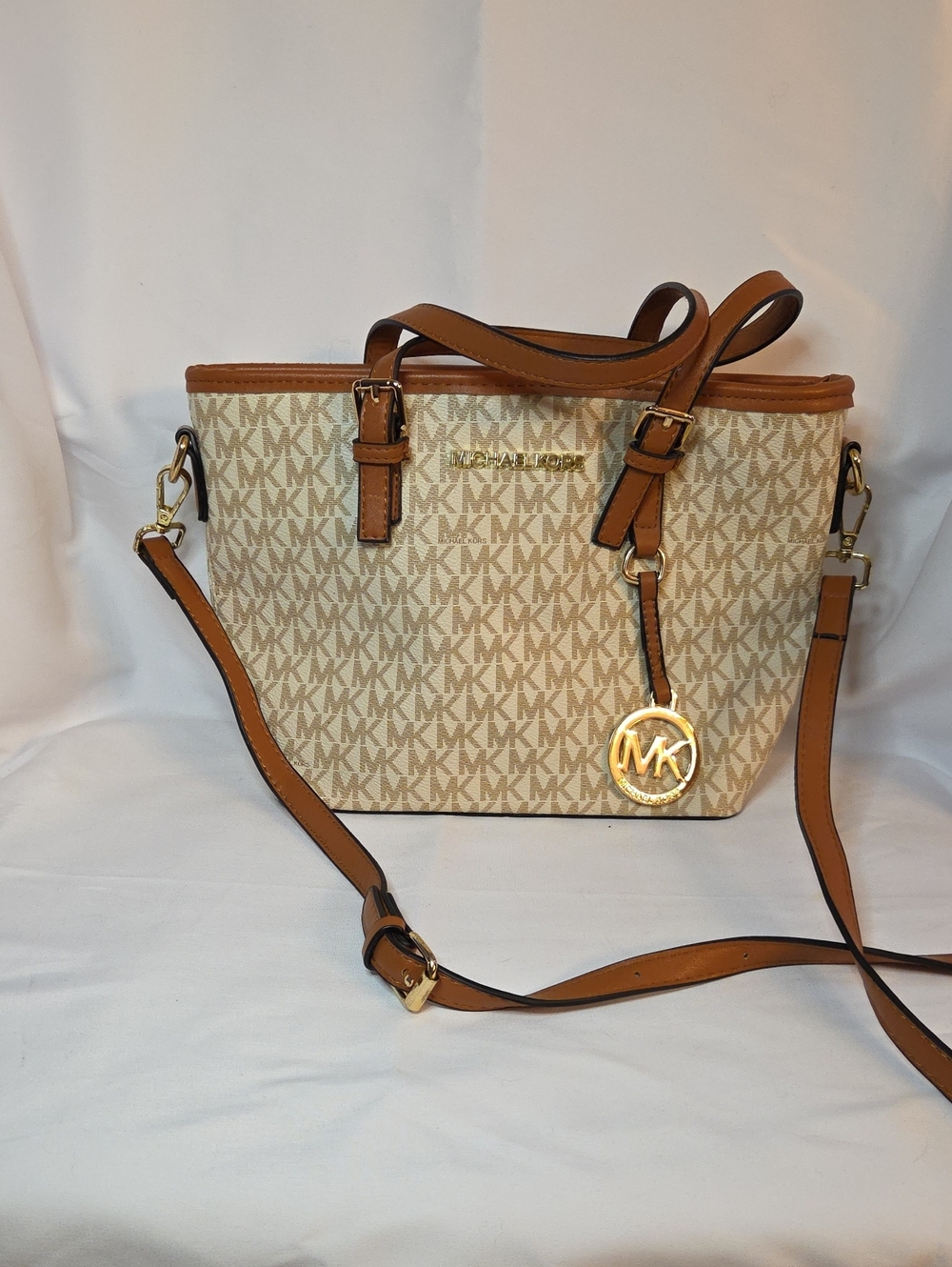 Michael Kors Signature Canvas and Leather Tote in Vanilla/Tan
